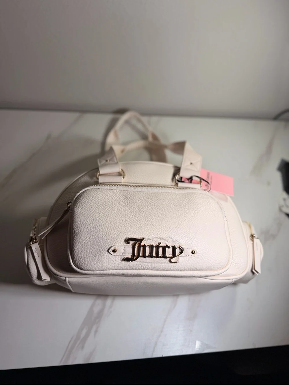 Juicy Couture Cream Pebbled Leather Shoulder Bag with Logo Plaque